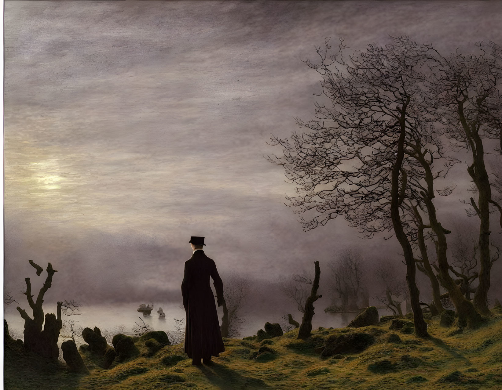 Solitary figure in period clothing on grassy hillside overlooking misty landscape