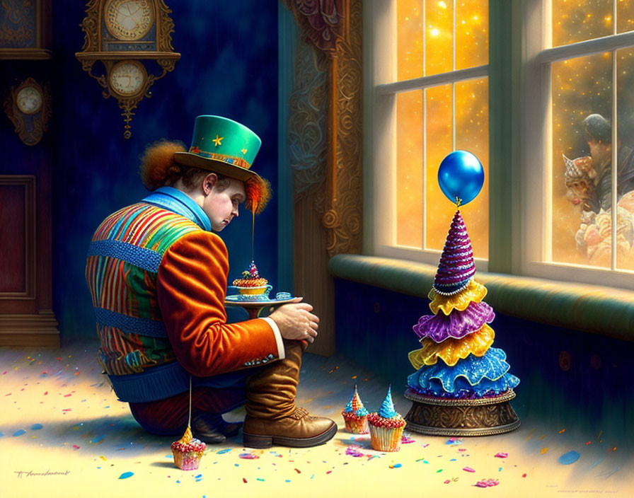 Colorful Clown with Cupcake and Birthday Cake at Night