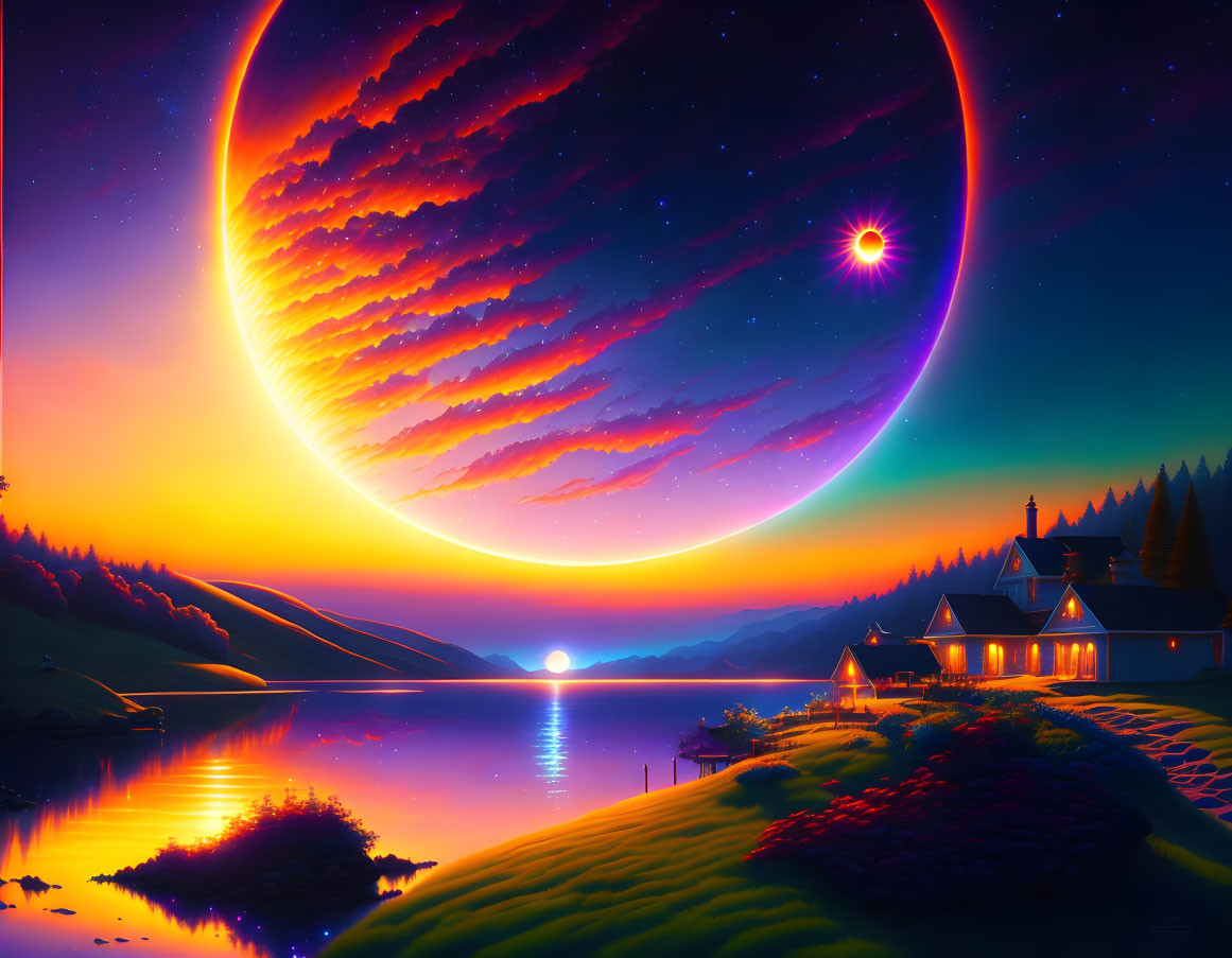 Vibrant digital artwork: Glowing crescent moon over lakeside landscape