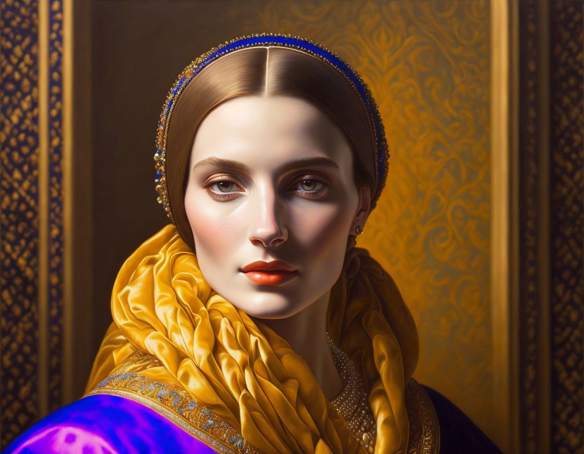 Woman portrait with blue headpiece and golden scarf on ornate golden background