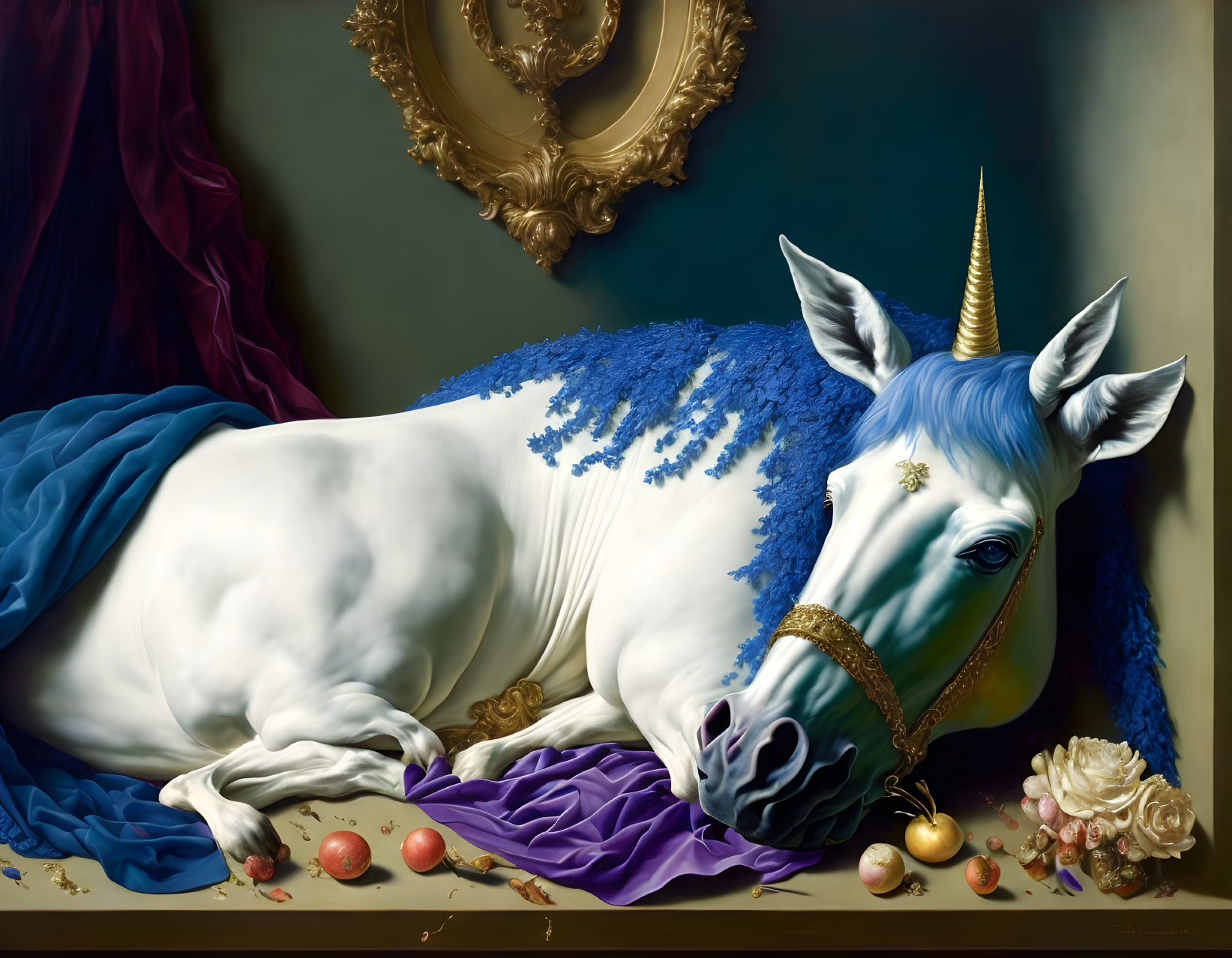 Realistic white unicorn painting on purple and blue fabrics with apples and roses.