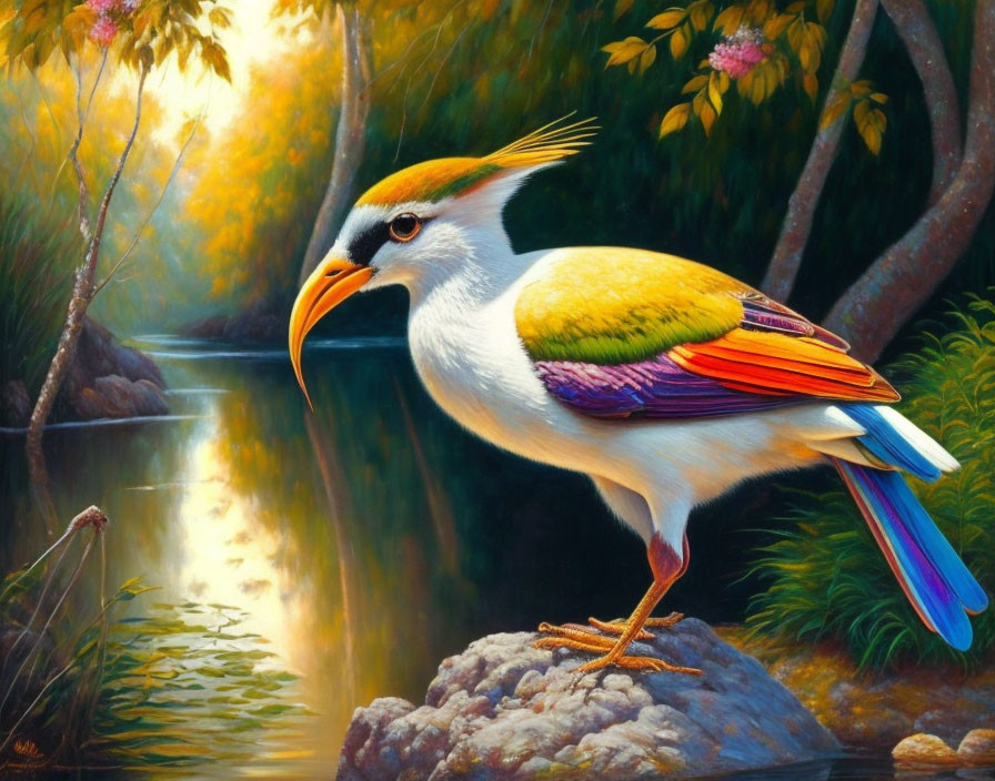 Fantastical bird with avian and human features by serene riverside