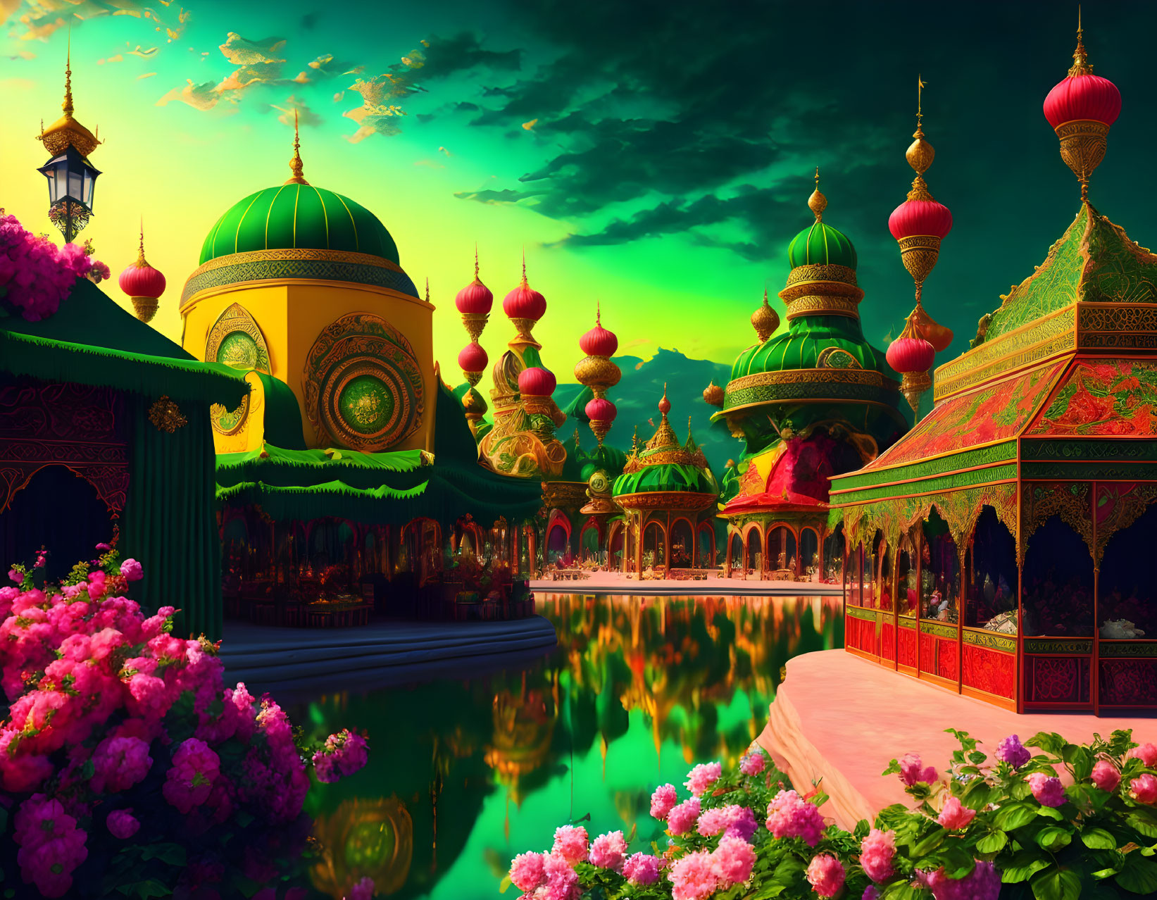 Colorful fantasy palace with domes and spires near reflective waterway and lush flora.