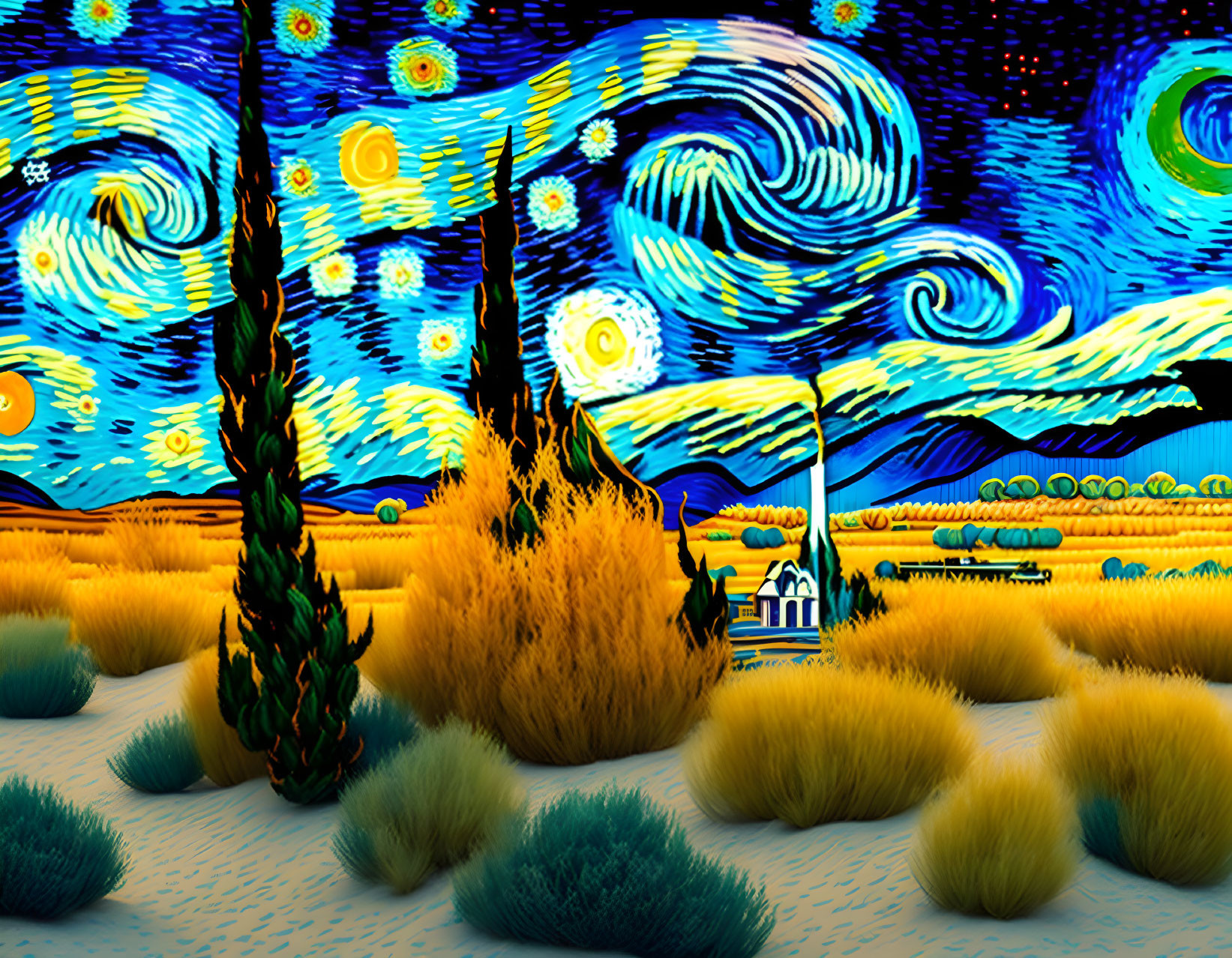 Vibrant digital artwork: swirling skies, stars, cypress trees, quaint town