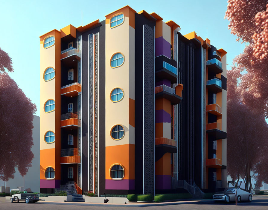 Vibrant modern apartment building with round windows and balconies