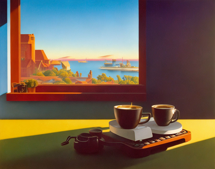 Coffee cups on typewriter with coastal town view through window