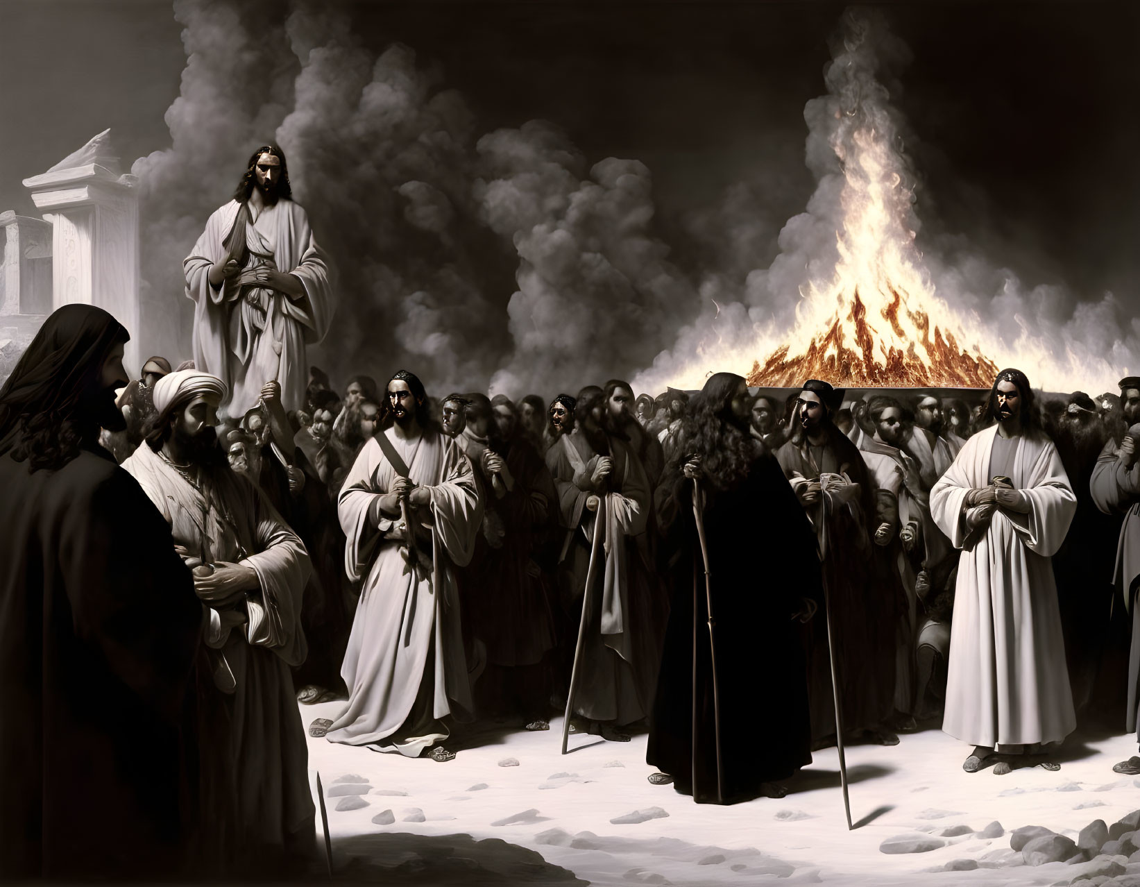 Historical artwork of robed figures in biblical scene with central figure and fire.