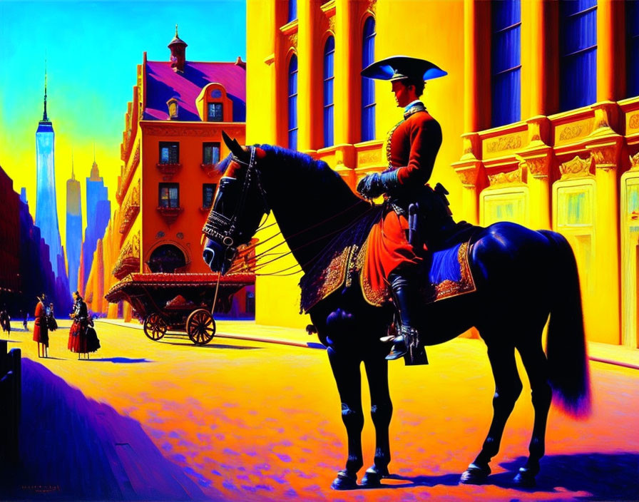 Historical attire person on horseback with colorful buildings and modern skyline.