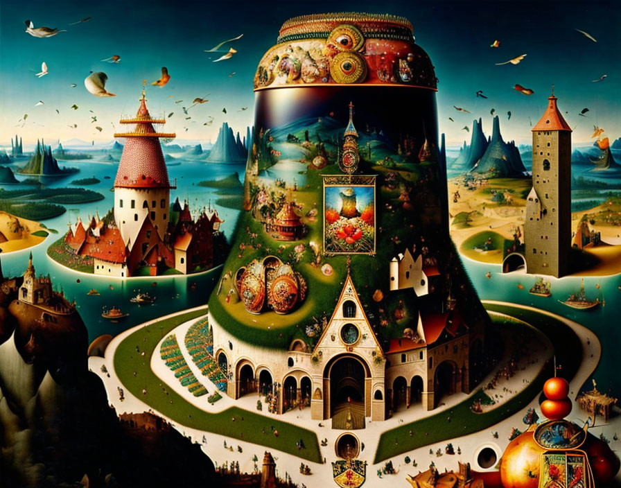 Fantastical surreal landscape with giant ornate hill and whimsical castles