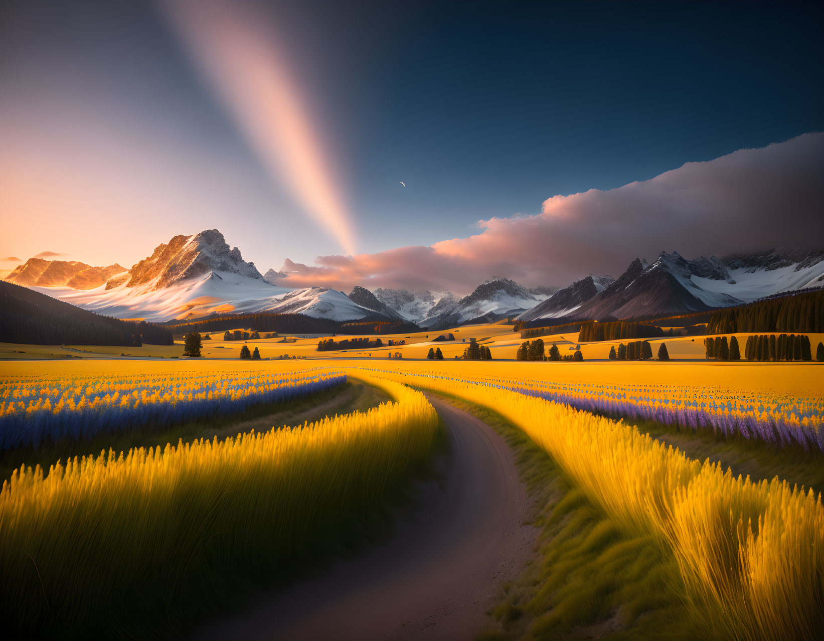 Scenic dirt road through yellow flower fields to snow-capped mountains