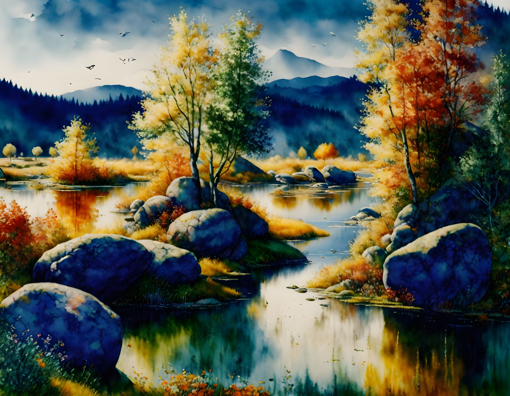 Vivid Autumn Landscape with River, Birds, and Mountains