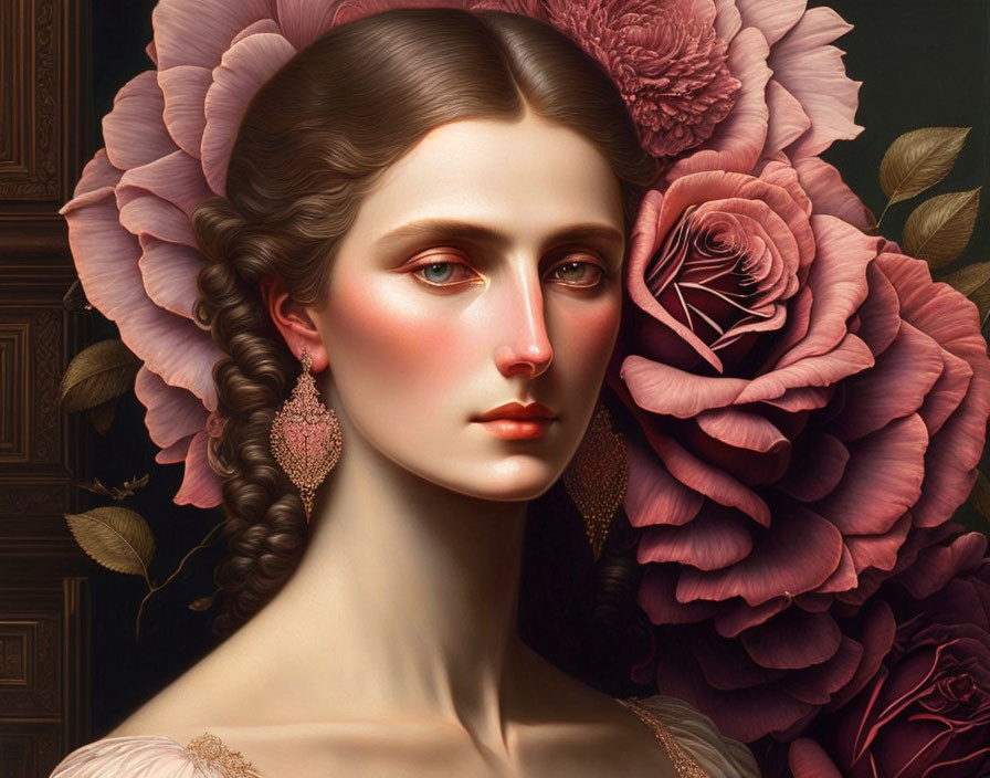 Hyper-realistic painting: Woman with intricate floral background and detailed hair, skin, and flowers.