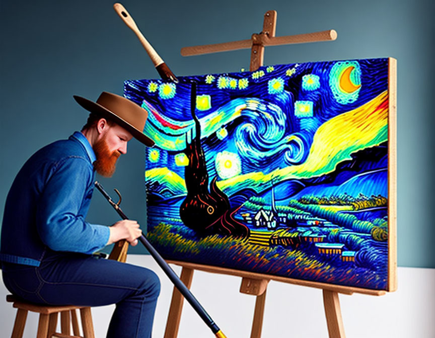 Cowboy hat man painting vibrant Starry Night rendition.