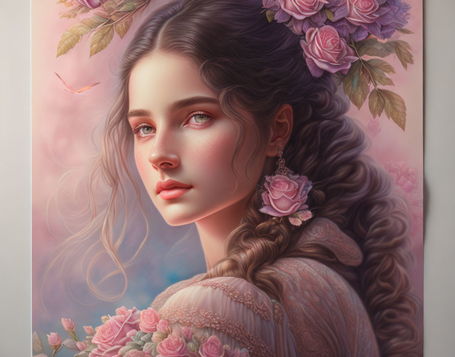 Digital artwork: Woman with braided hair, pink roses, soft pink backdrop