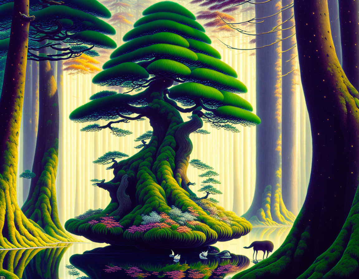 Fantastical forest scene with oversized mushroom-like trees and shimmering lake