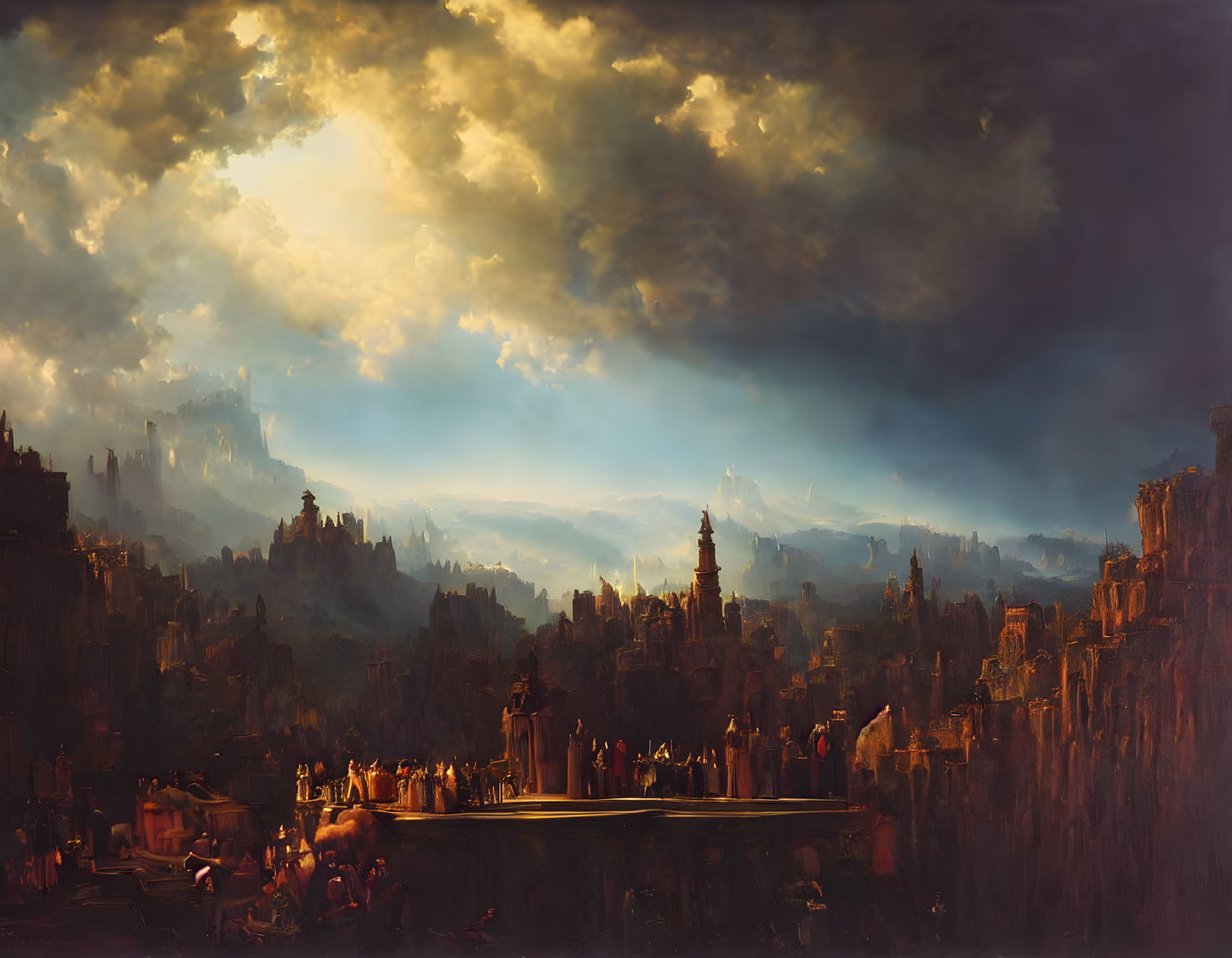 Dramatic landscape painting of ancient city ruins at sunset