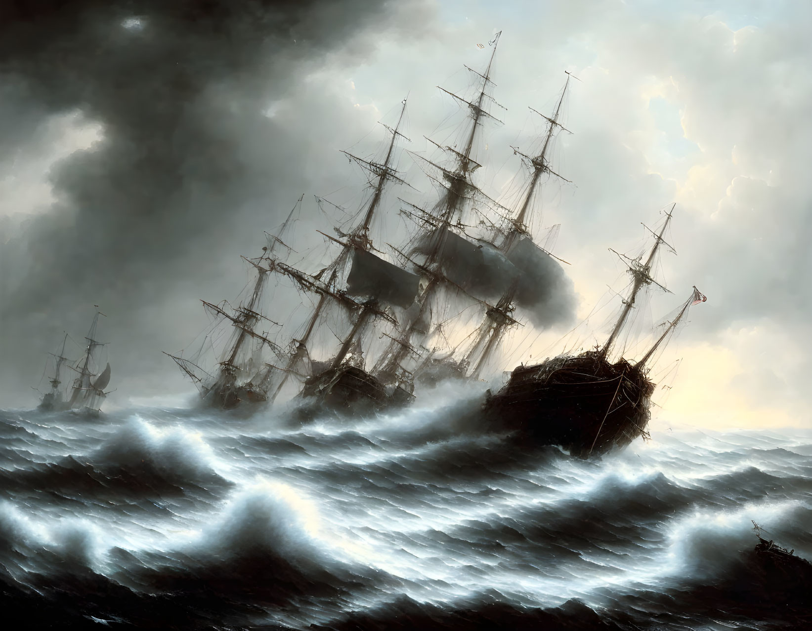 Maritime scene: sailing ships battle tumultuous seas