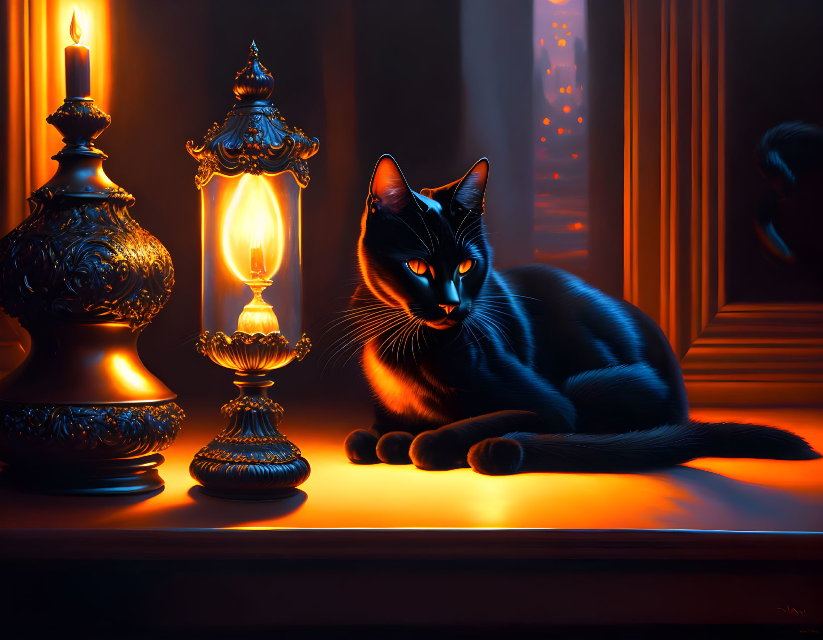 Black Cat with Blue Eyes Resting by Candle and Lamp on Windowsill