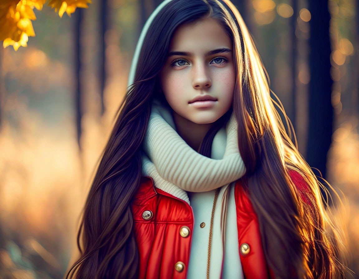 Young girl in red jacket and beige scarf among golden autumn leaves