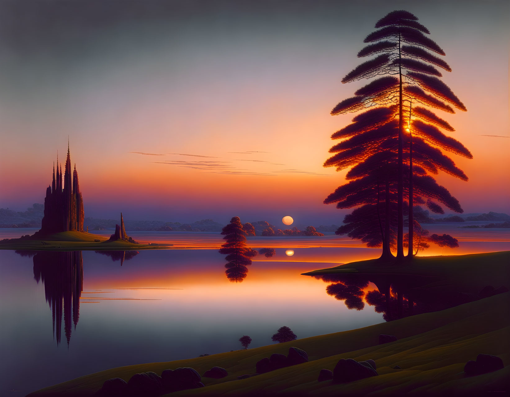 Tranquil sunset landscape with tree silhouette, reflective water, colorful sky, distant castle