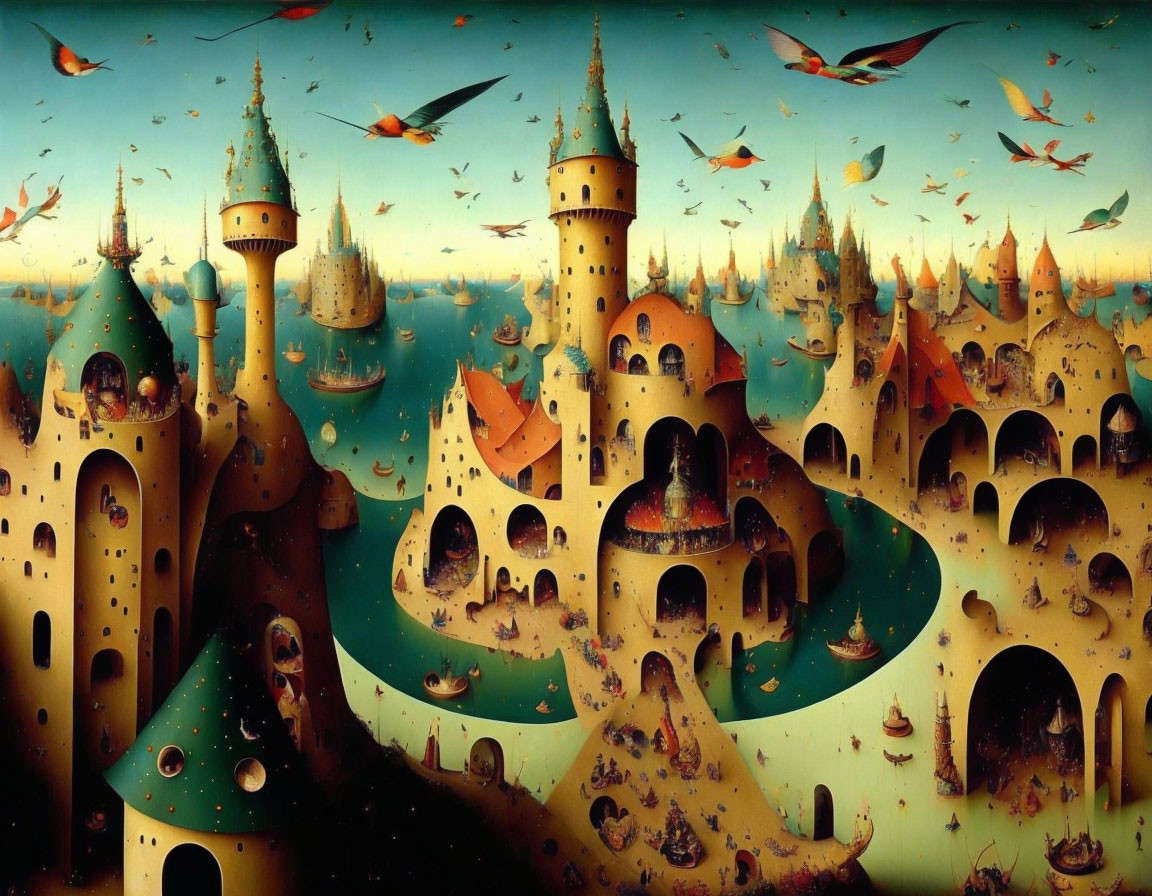 Surreal interconnected castles in fantastical landscape