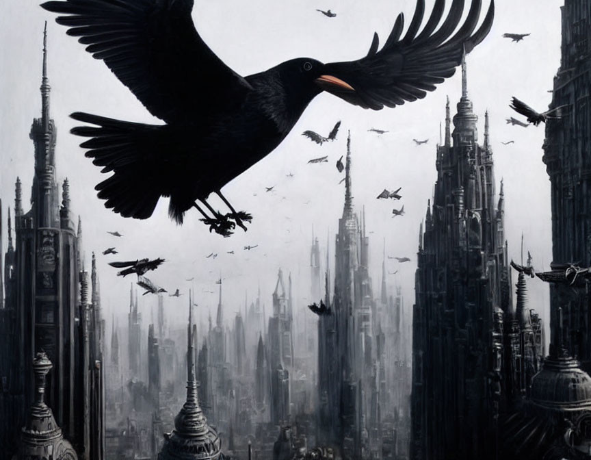 Crow flying over futuristic cityscape with tall spires and flying craft.