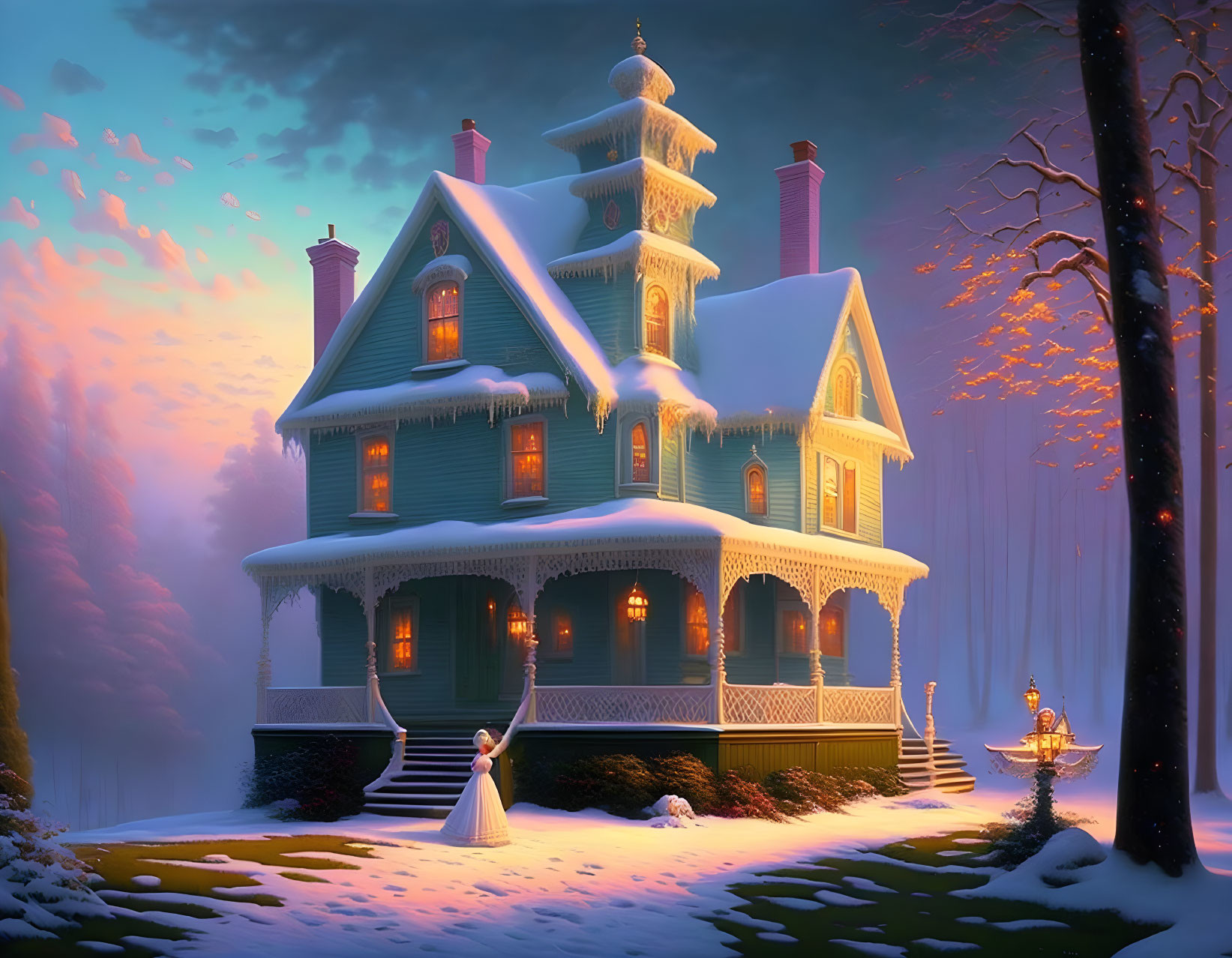 Victorian-style house with warm lights in snowy dusk landscape featuring a woman.