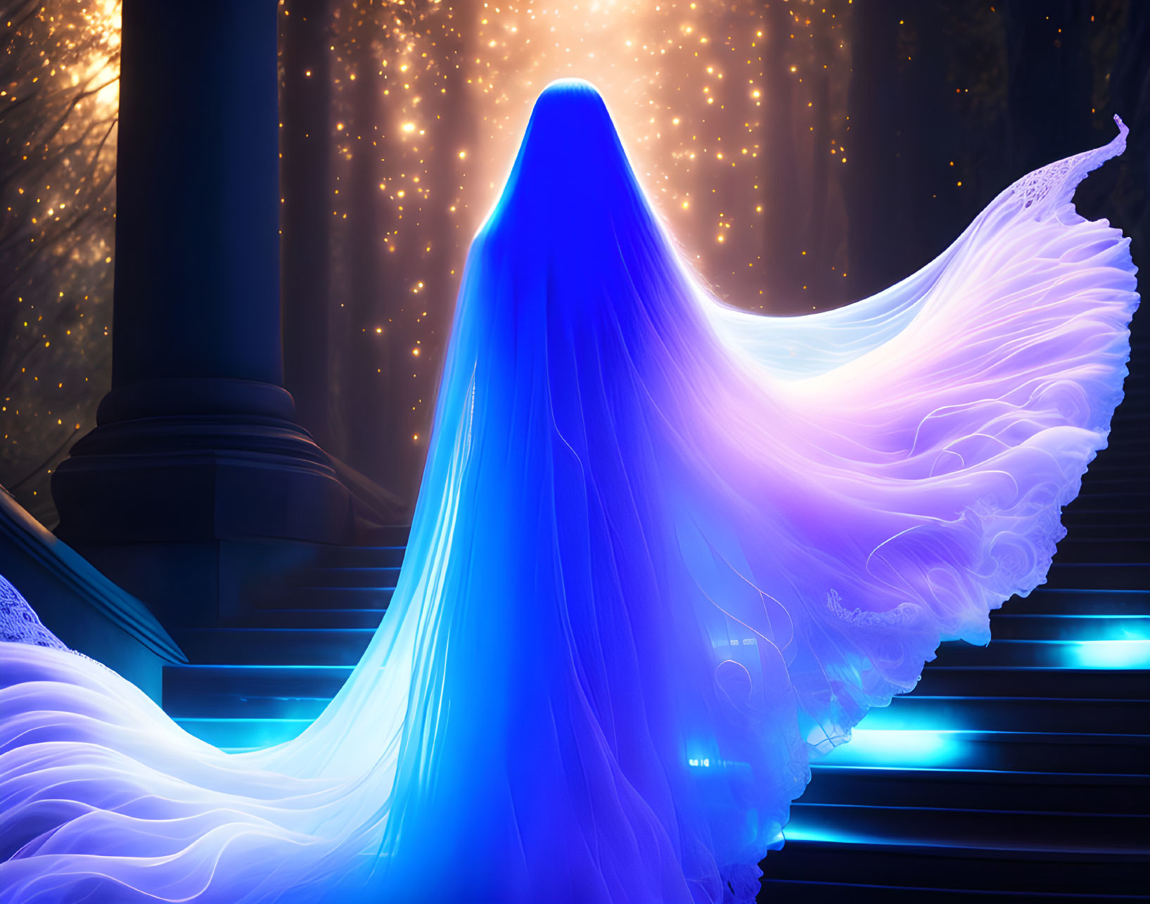 Ethereal spectral figure in blue and purple hues on mystical staircase