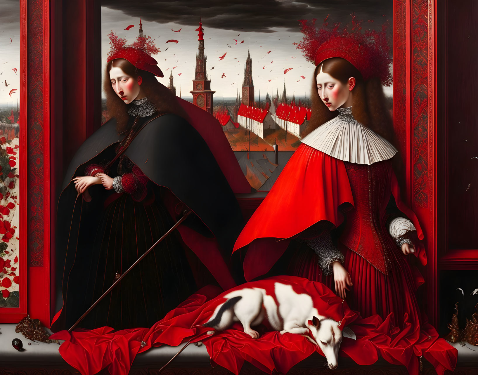 Two Women in Red and Black Outfits with White Ruffs and a Dog in Landscape Setting