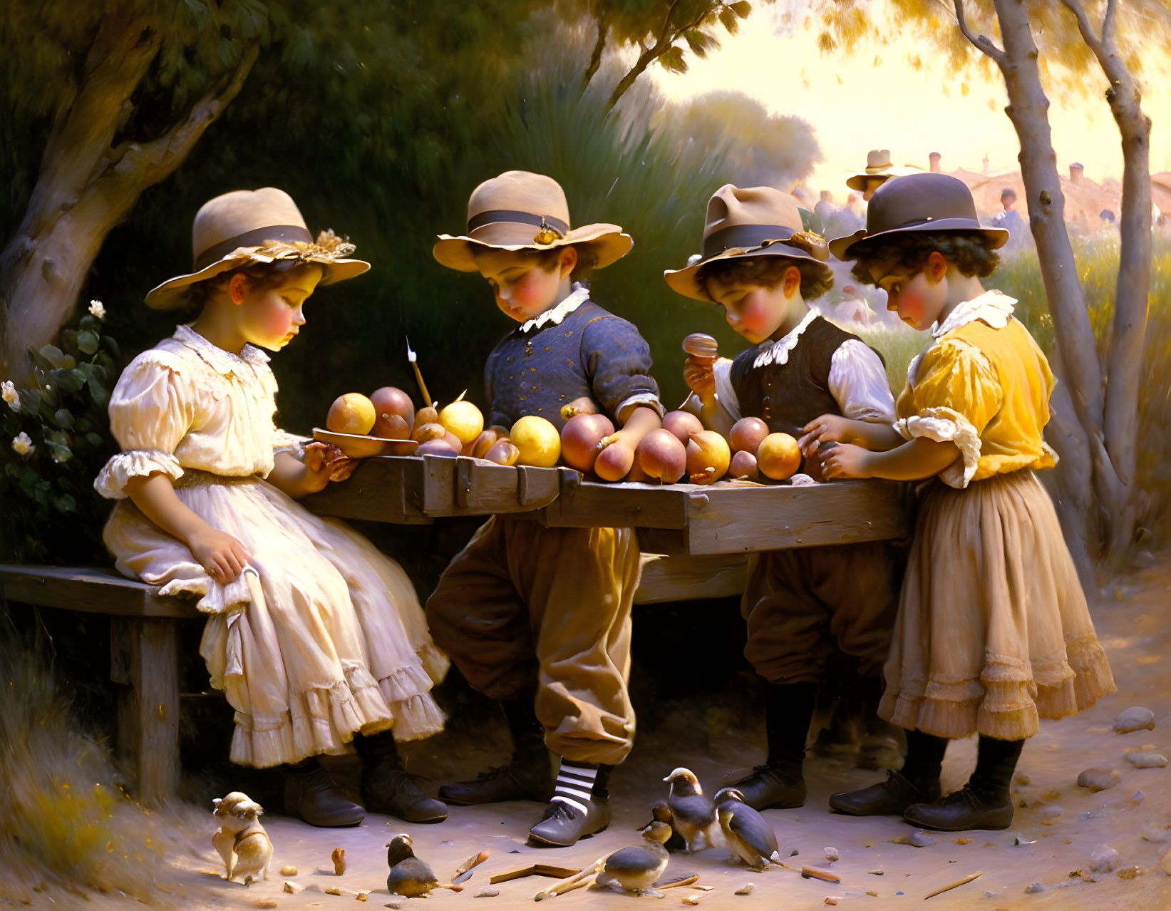 Children sorting apples on wooden bench outdoors under sunlight.