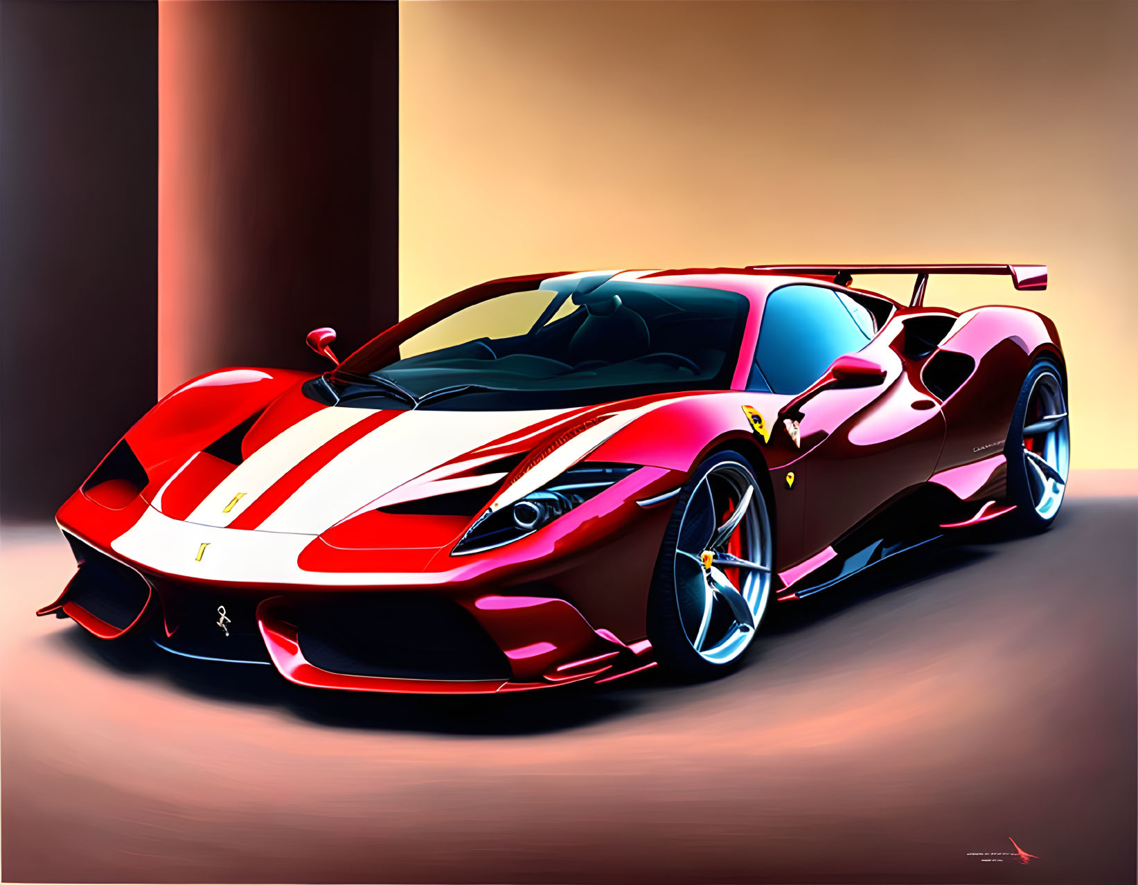 Red Ferrari Sports Car Illustration with White Racing Stripes