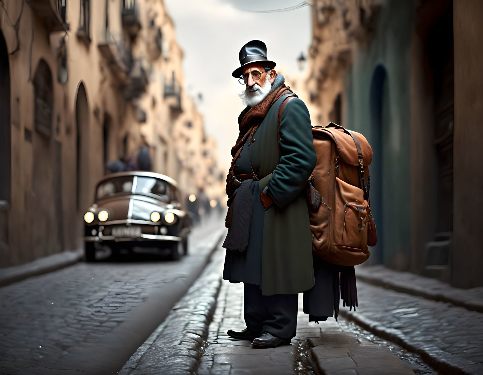 Elderly man in hat and glasses with white beard in moody alley with vintage car