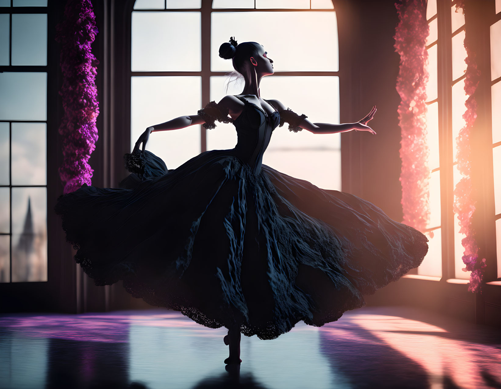 Elegant ballet dancer in black dress spinning in sunset-lit room