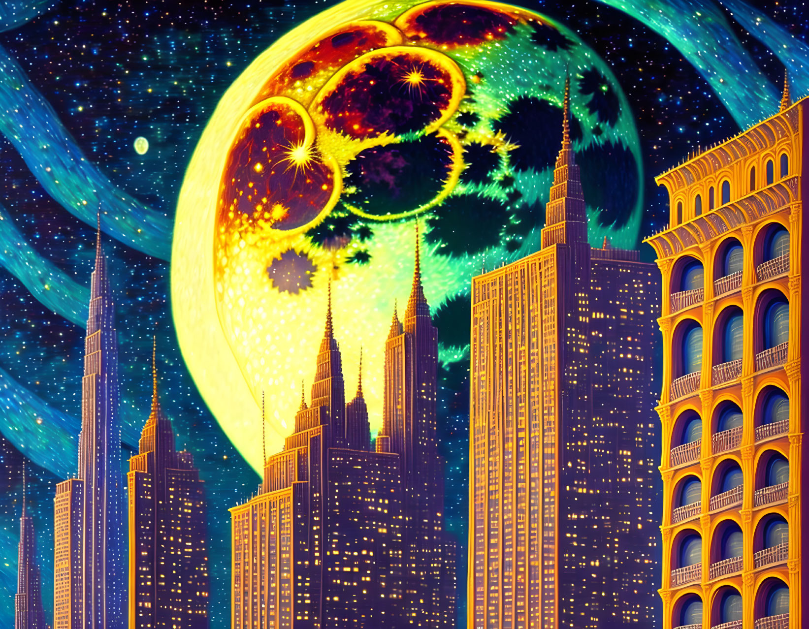 Colorful Cosmic Cityscape with Illuminated Buildings and Large Planet