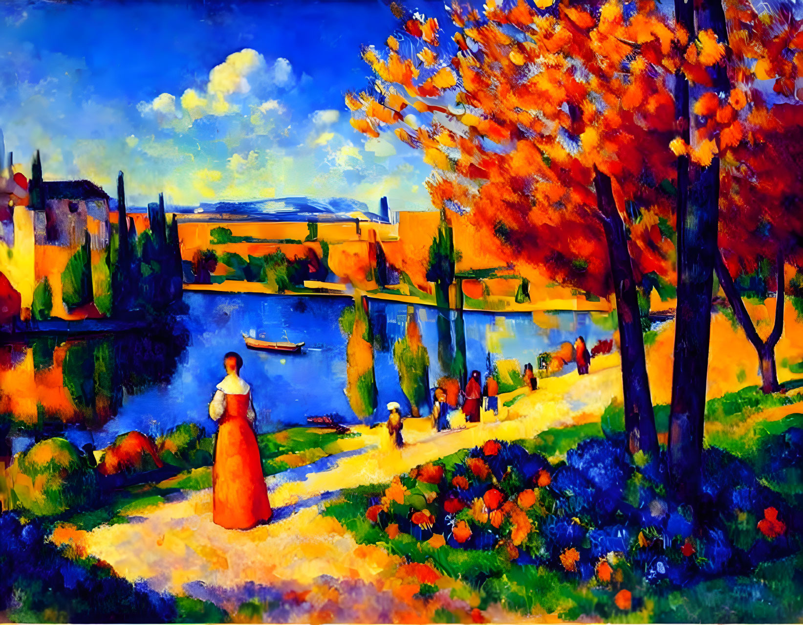 Colorful impressionist riverside painting with people, boats, and vibrant foliage.