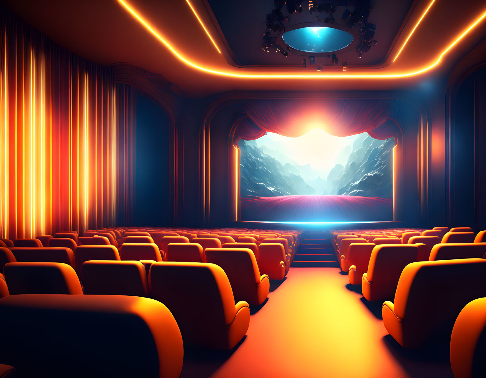 Luxurious red and yellow seating in empty cinema hall with vibrant mountain image on large screen