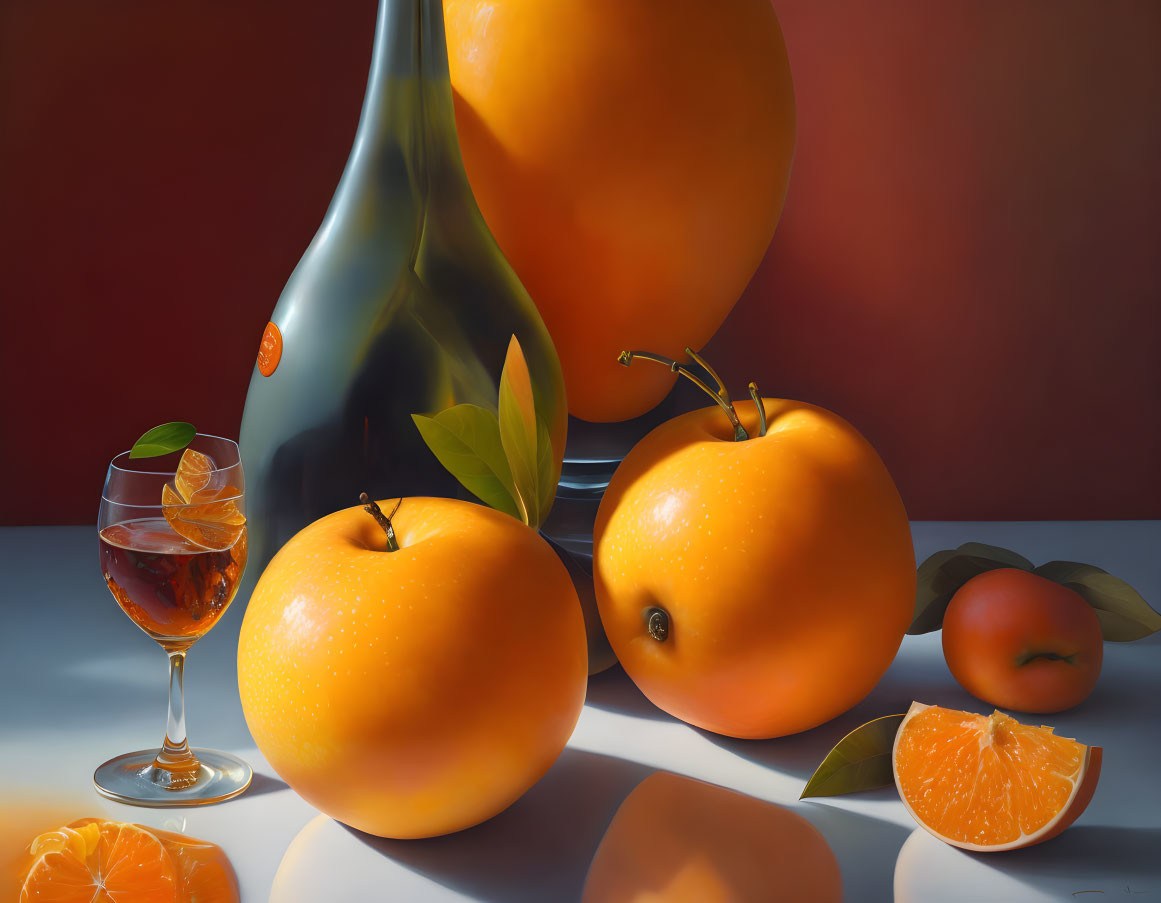 Vibrant still life painting: oranges, wine glass, black vase, citrus leaves, cut orange