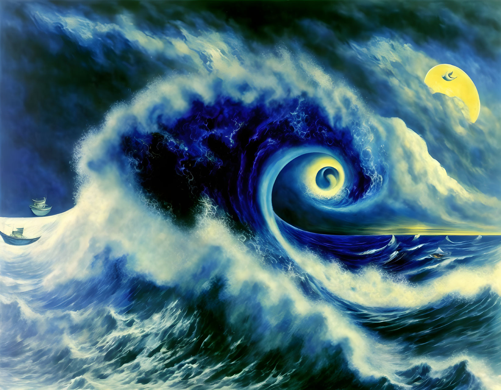 Surrealistic giant wave forming an eye with boat and whimsical moon