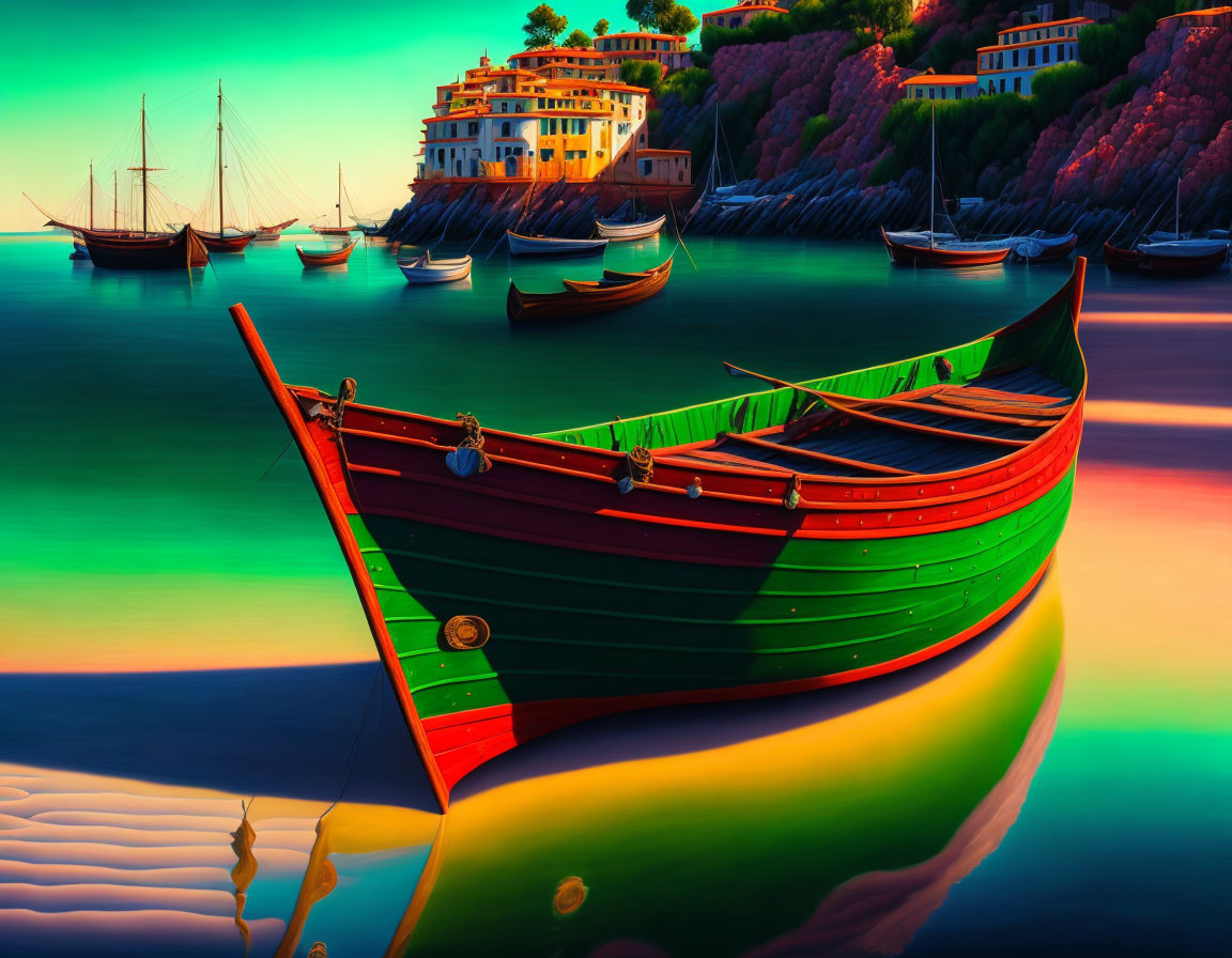 Colorful Coastal Dusk Scene with Wooden Boat