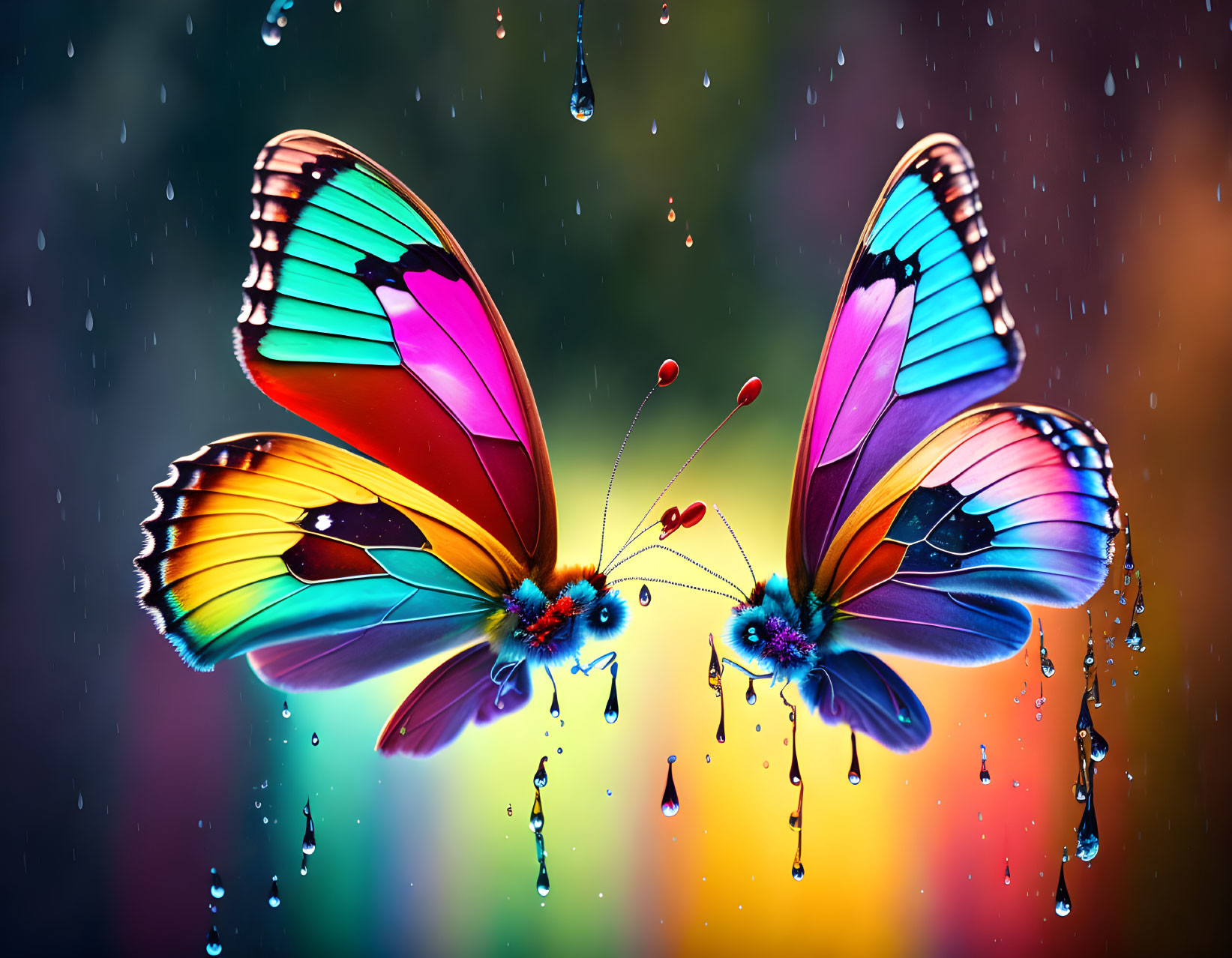 Colorful butterflies with water droplets on wings in vibrant rain scene