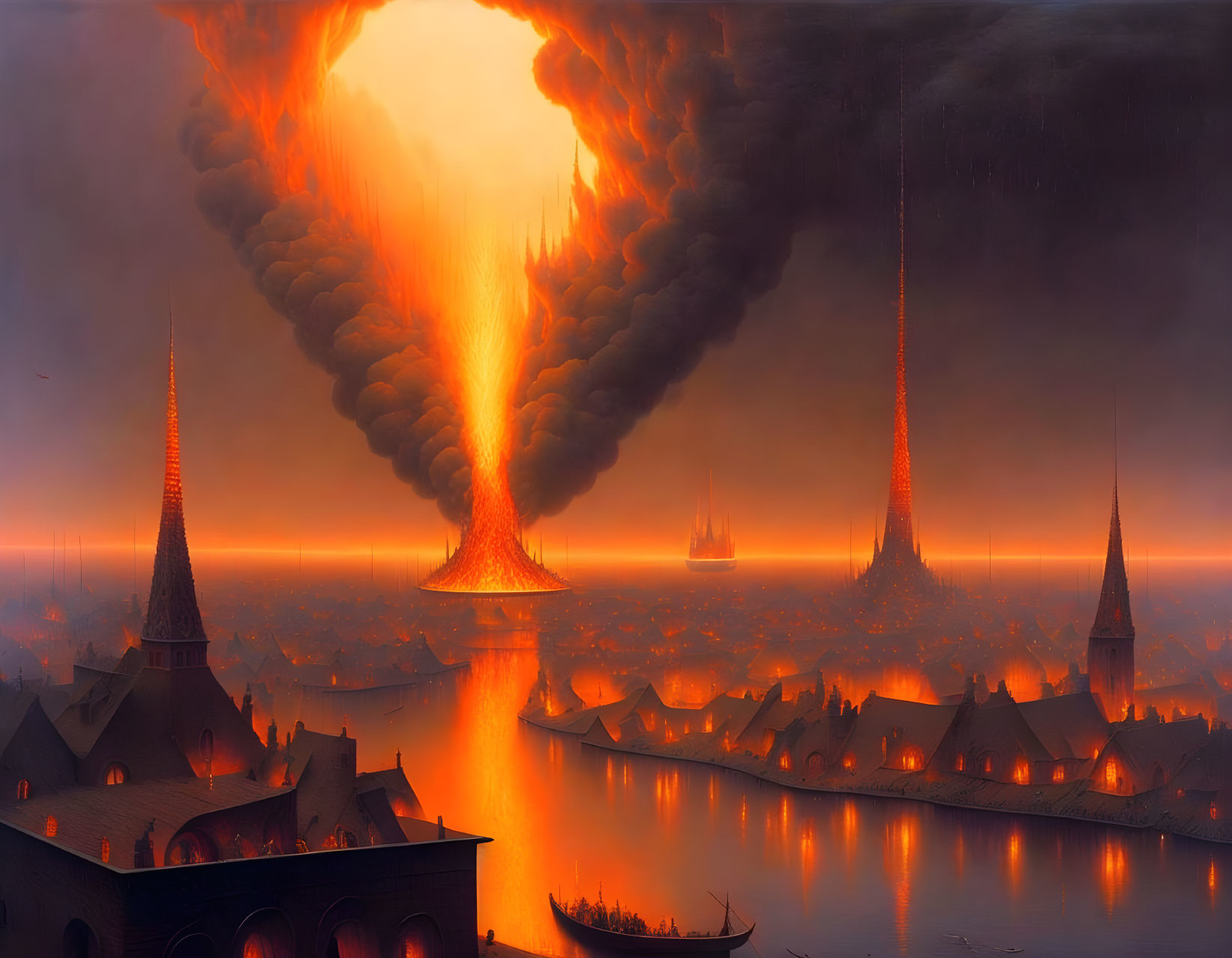 Medieval cityscape engulfed by volcanic eruption at dusk