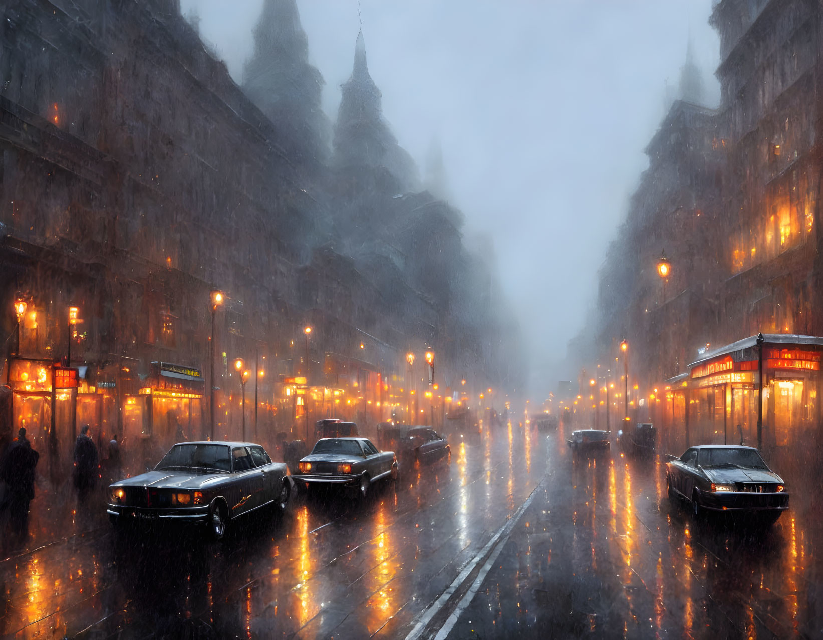 Urban night scene: Rainy city street with warm streetlights, cars, and pedestrians in misty