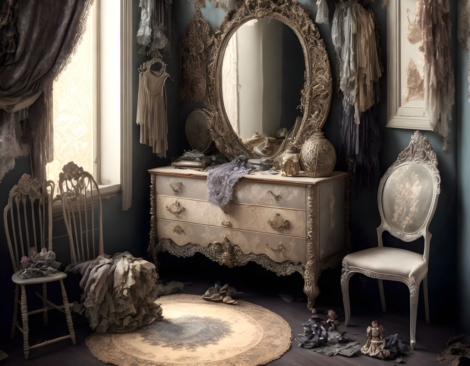 Vintage Room with Ornate Vanity, Draped Fabrics, Large Mirror, and Delicate Items