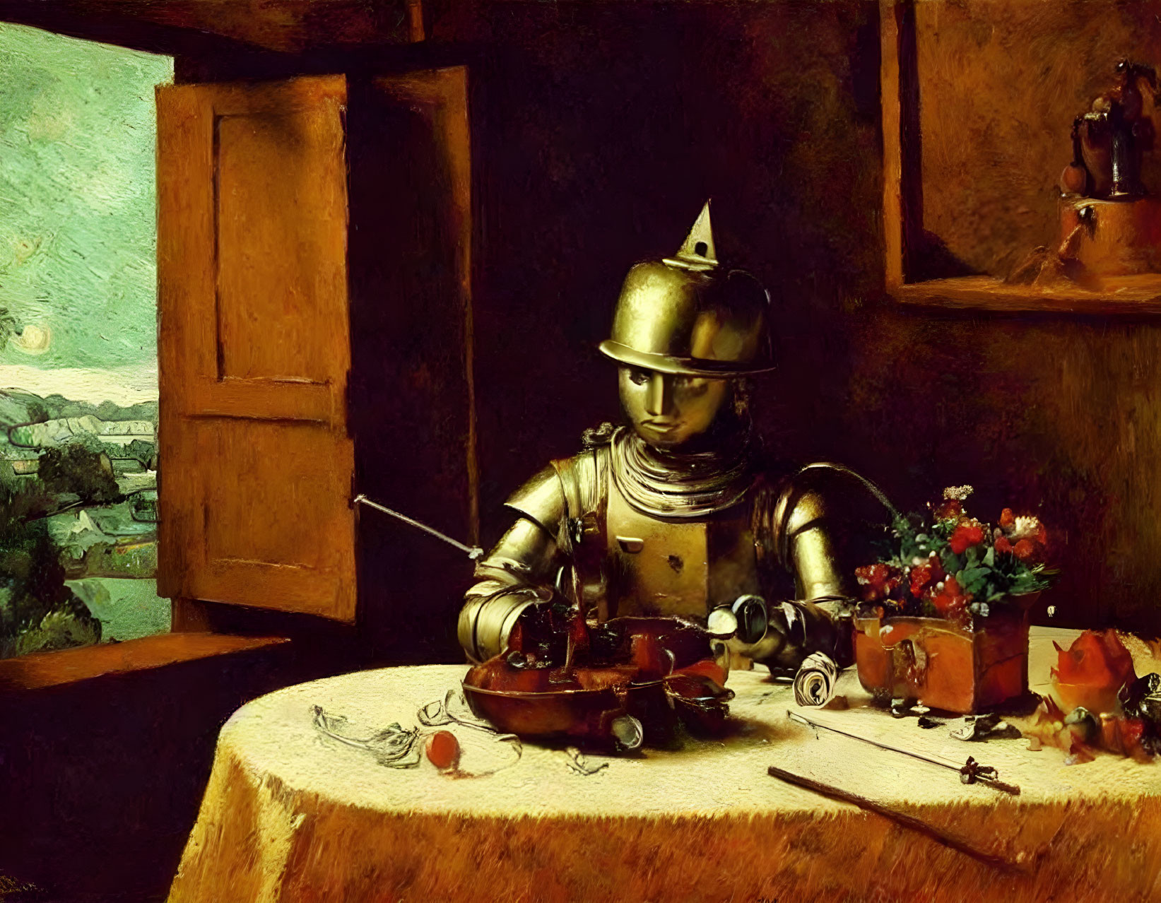 Medieval knight in armor arranging bouquet with tranquil landscape view