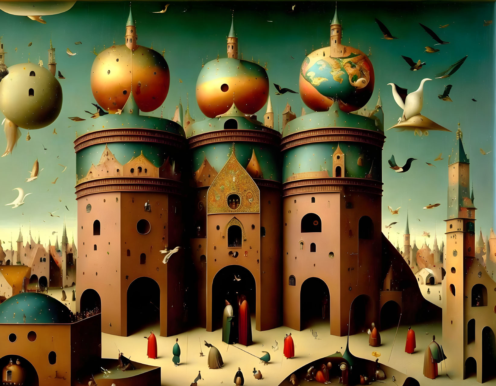 Surreal painting of castle with planetary towers, birds, and whimsical figures