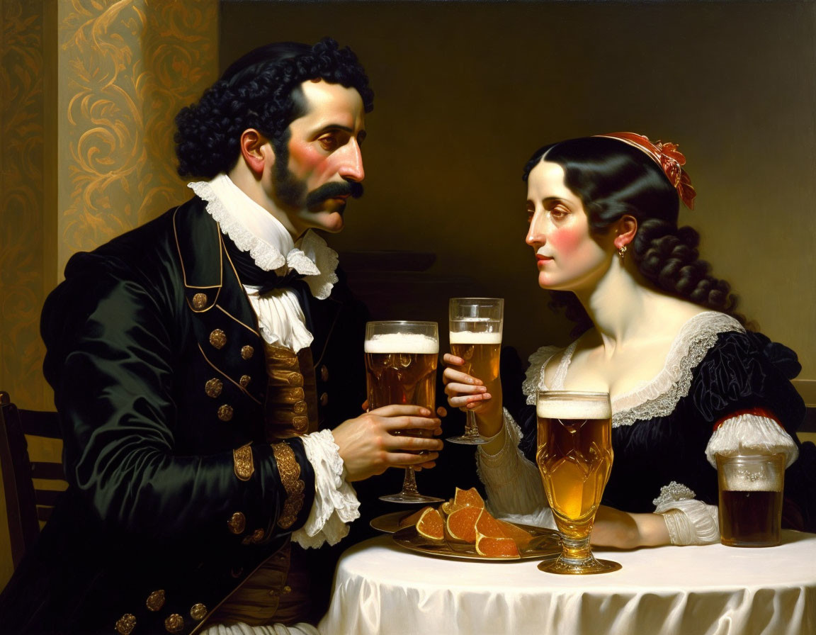 Historical couple toasting with beer and oranges at festive table