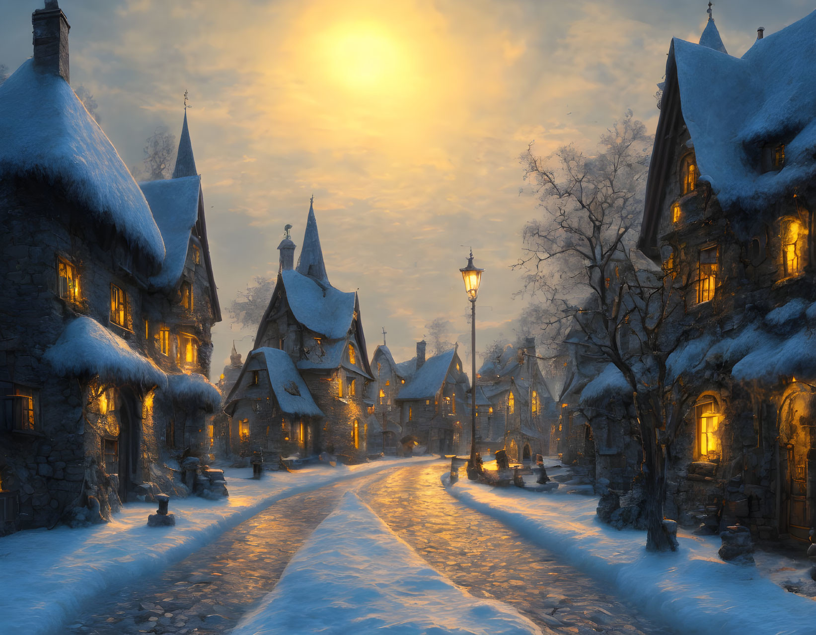 Snowy village at dusk: Warm lights, cobblestone road, golden sunset.