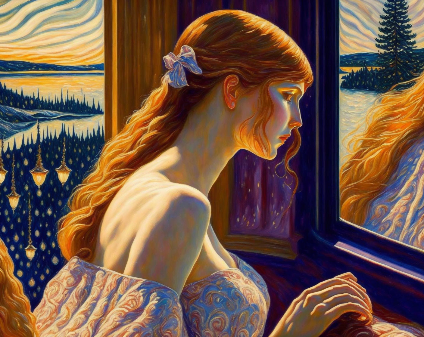 Woman with Long Hair Gazing at Sunset Landscape Through Window