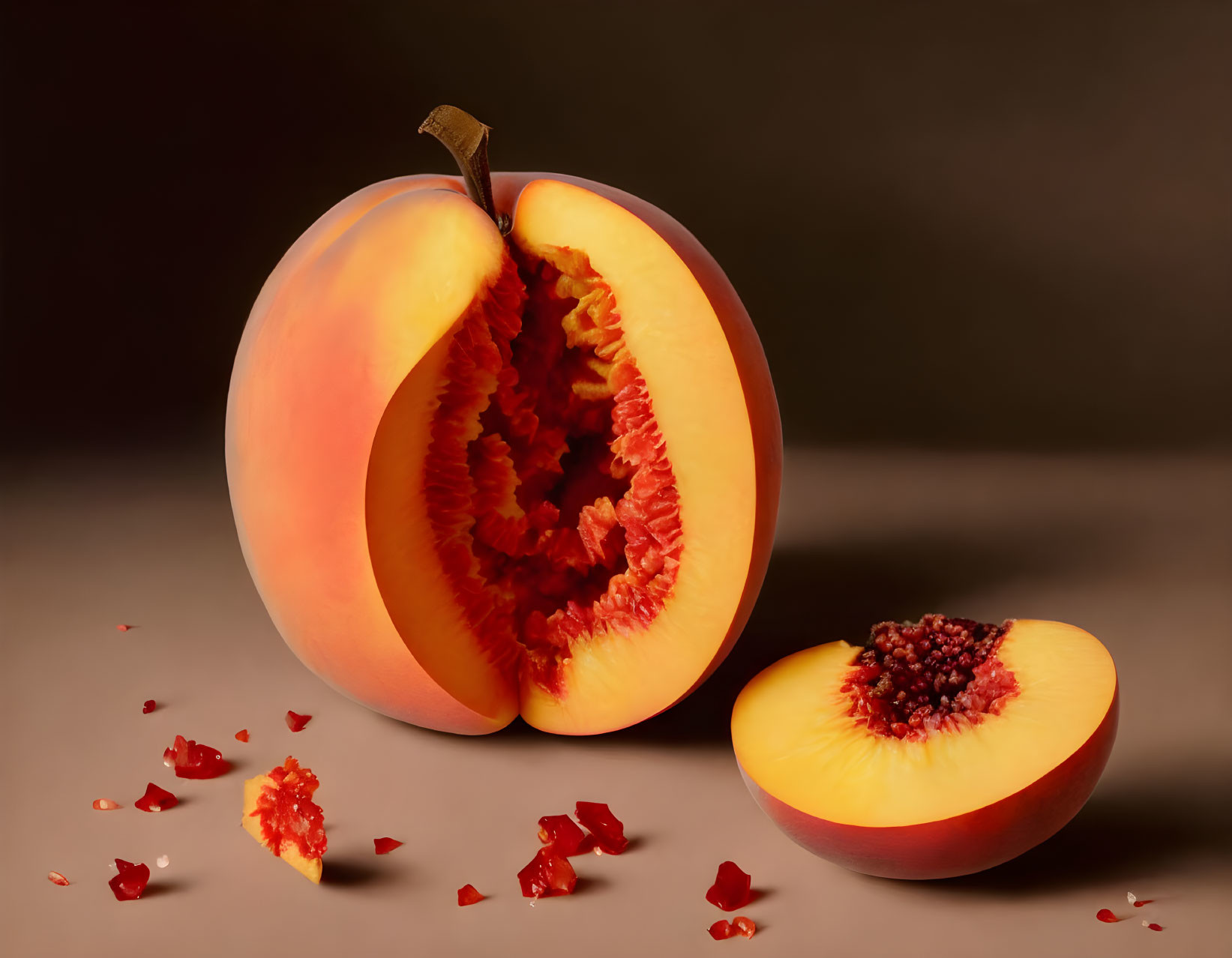 Ripe peach with slice cut, scattered pieces on surface