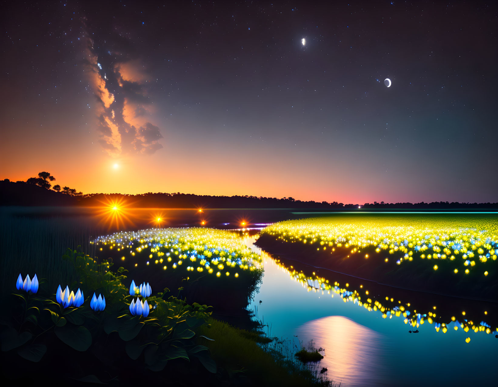 Starry night landscape with crescent moon, galaxy, Milky Way, and glowing river